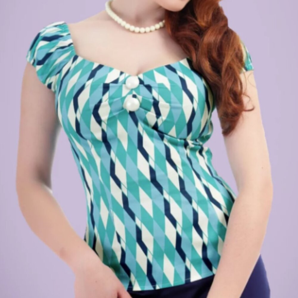 Collectif Dolores Atomic Harlequin 50s Top in Blue and Jade